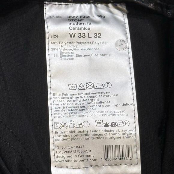 Alberto Ceramica Stone Modern Fit Mens Pants Black 33x32 Stretch European Luxury - Picture 9 of 12